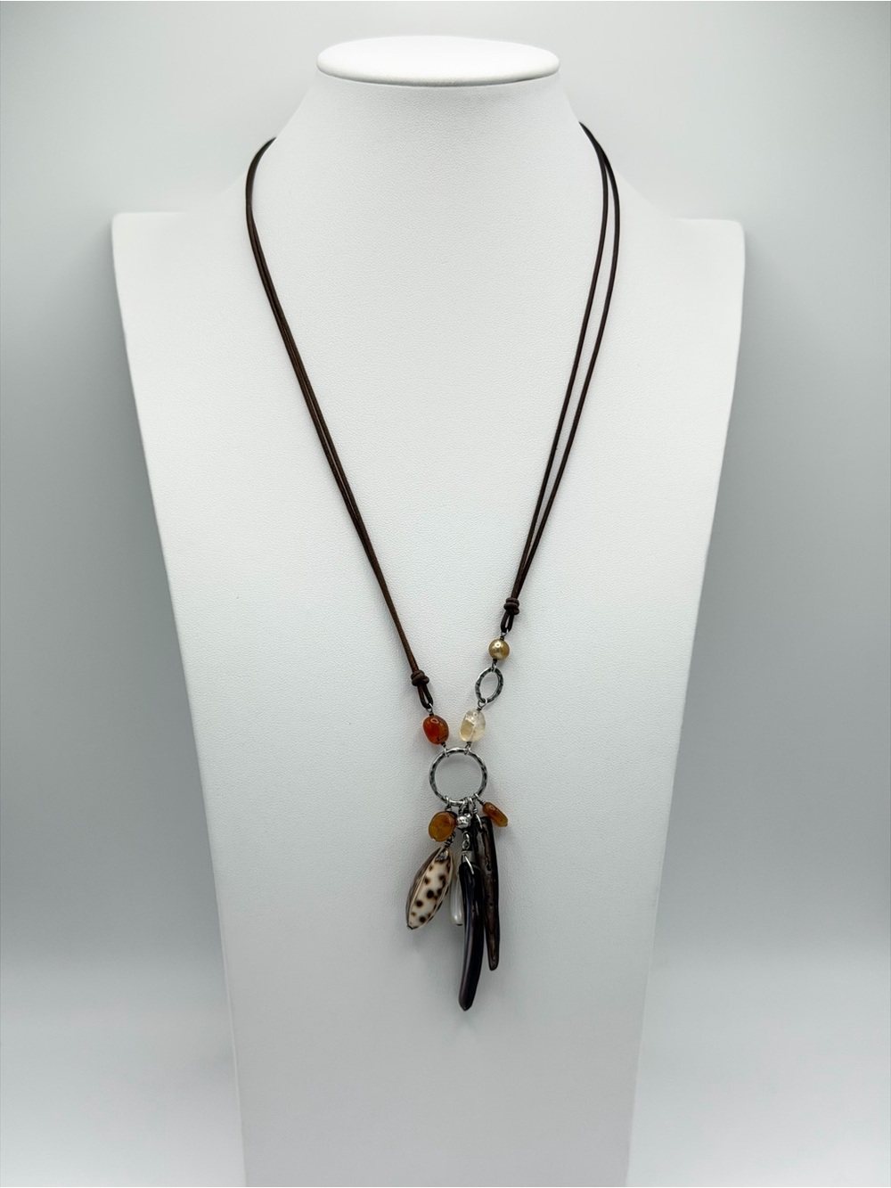 Silpada Vintage Sterling & Leather Citrine, Carnelian & Shell Necklace - Picture 2 of 16